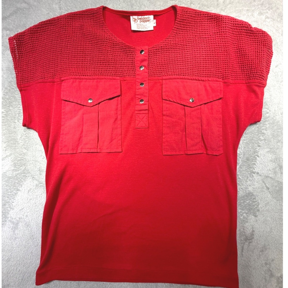 Vintage Beldoch Popper Red Henley Cargo Top Crochet Yoke Size L 80s Cotton Blend